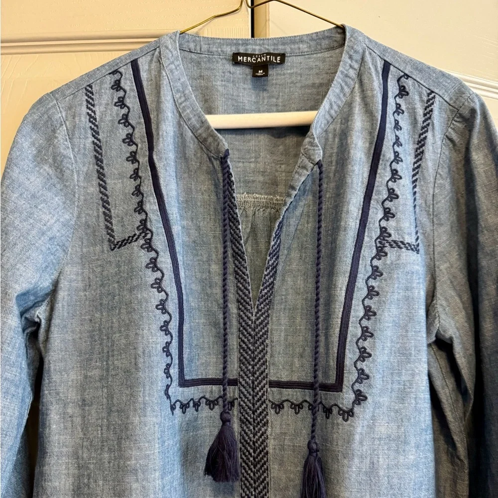 J Crew Mercantile Blue Chambray Embroidered Boho Peasant Top